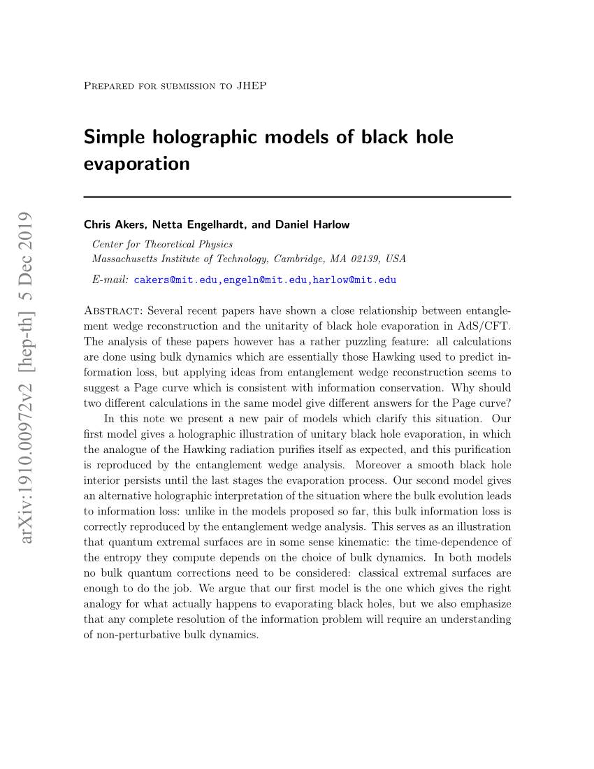 Simple Holographic Models of Black Hole Evaporation Arxiv:1910.00972V2 [Hep-Th] 5 Dec 2019