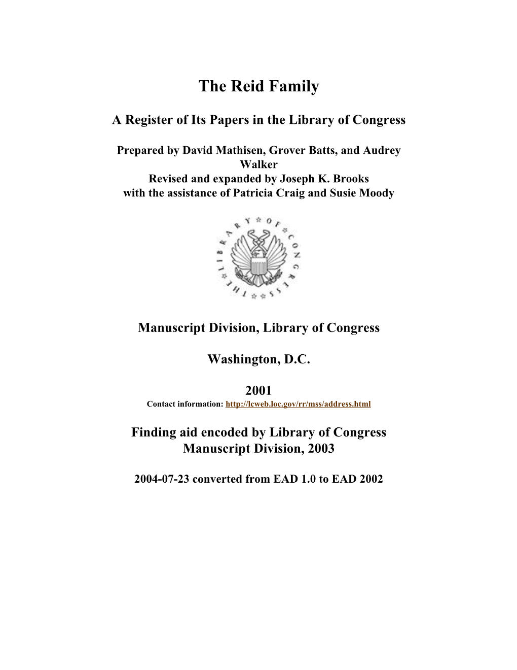 Reid Family Papers [Finding Aid]. Library of Congress