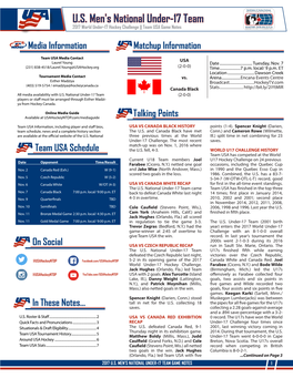 U.S. Men's National Under-17 Team 2017 World Under-17 Hockey Challenge || Team USA Game Notes
