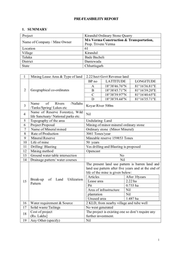 PRE-FEASIBILITY REPORT 1. SUMMARY Project Kirandul