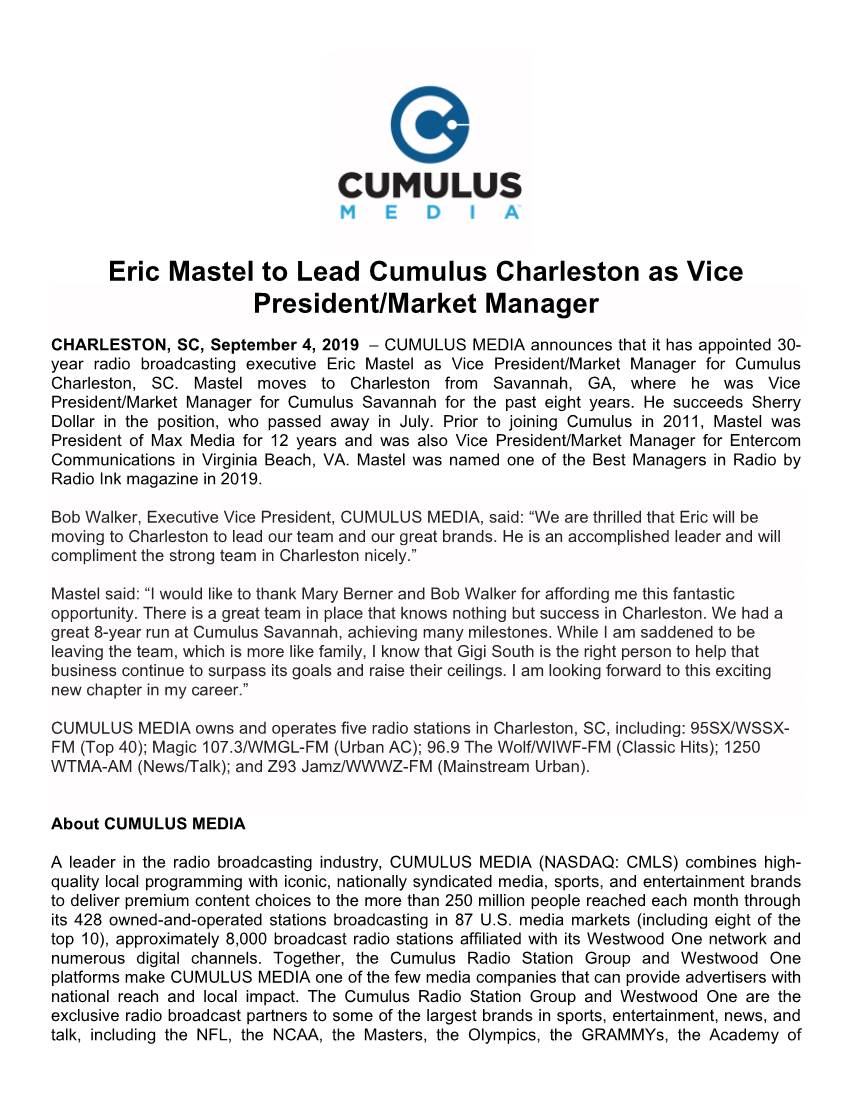 Eric Mastel to Lead Cumulus Charleston As Vice President/Market Manager