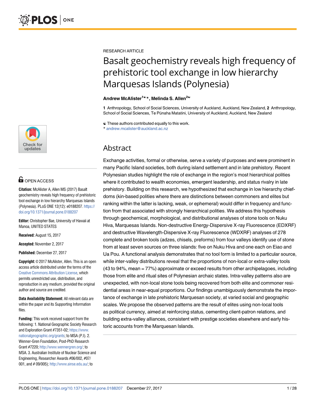 Basalt Geochemistry Reveals High Frequency of Prehistoric Tool Exchange in Low Hierarchy Marquesas Islands (Polynesia)