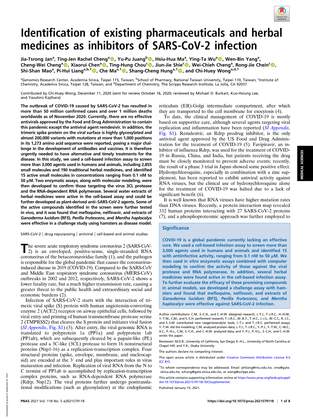 Identification of Existing Pharmaceuticals and Herbal Medicines As Inhibitors of SARS-Cov-2 Infection