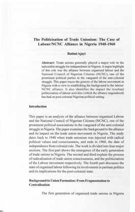 The Politicisation of Trade Unionism: the Case of Labour/NCNC Alliance in Nigeria 1940-1960