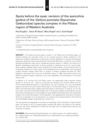 Revision of the Saxicoline Geckos of the Gehyra Punctata (Squamata: Gekkonidae) Species Complex in the Pilbara Region of Western Australia Paul Doughty1,*, Aaron M