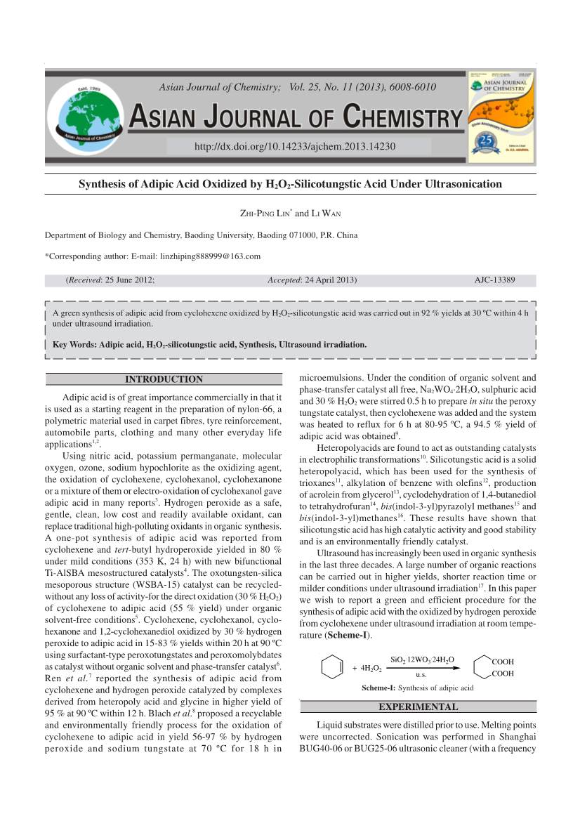 Synthesis of Adipic Acid Oxidized by H2O2-Silicotungstic Acid Under Ultrasonication