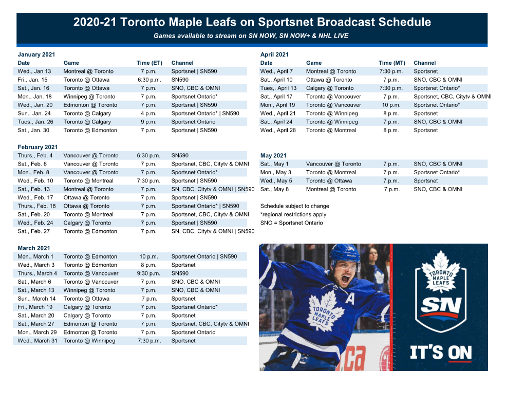 2020-21 Toronto Maple Leafs on Sportsnet Broadcast Schedule Games Available to Stream on SN NOW, SN NOW+ & NHL LIVE