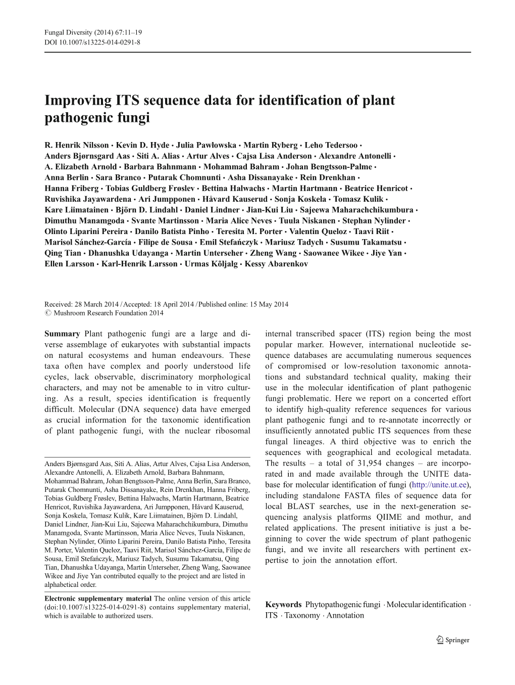 Improving ITS Sequence Data for Identification of Plant Pathogenic Fungi