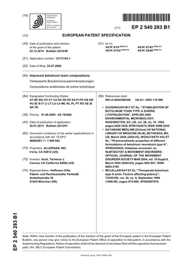 Improved Botulinum Toxin Compositions Verbesserte Botulintoxinzusammensetzungen Compositions Améliorées De Toxine Botulinique