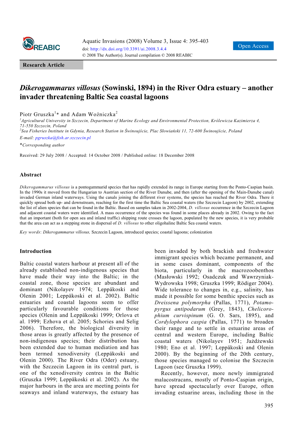 Dikerogammarus Villosus (Sowinski, 1894) in the River Odra Estuary – Another Invader Threatening Baltic Sea Coastal Lagoons