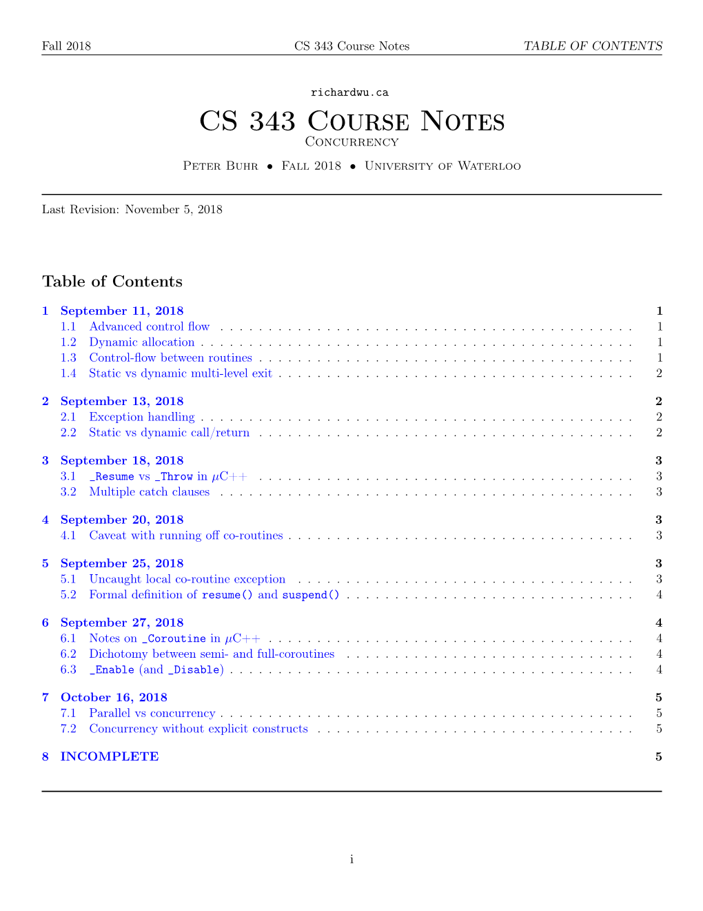 CS 343 Course Notes TABLE of CONTENTS