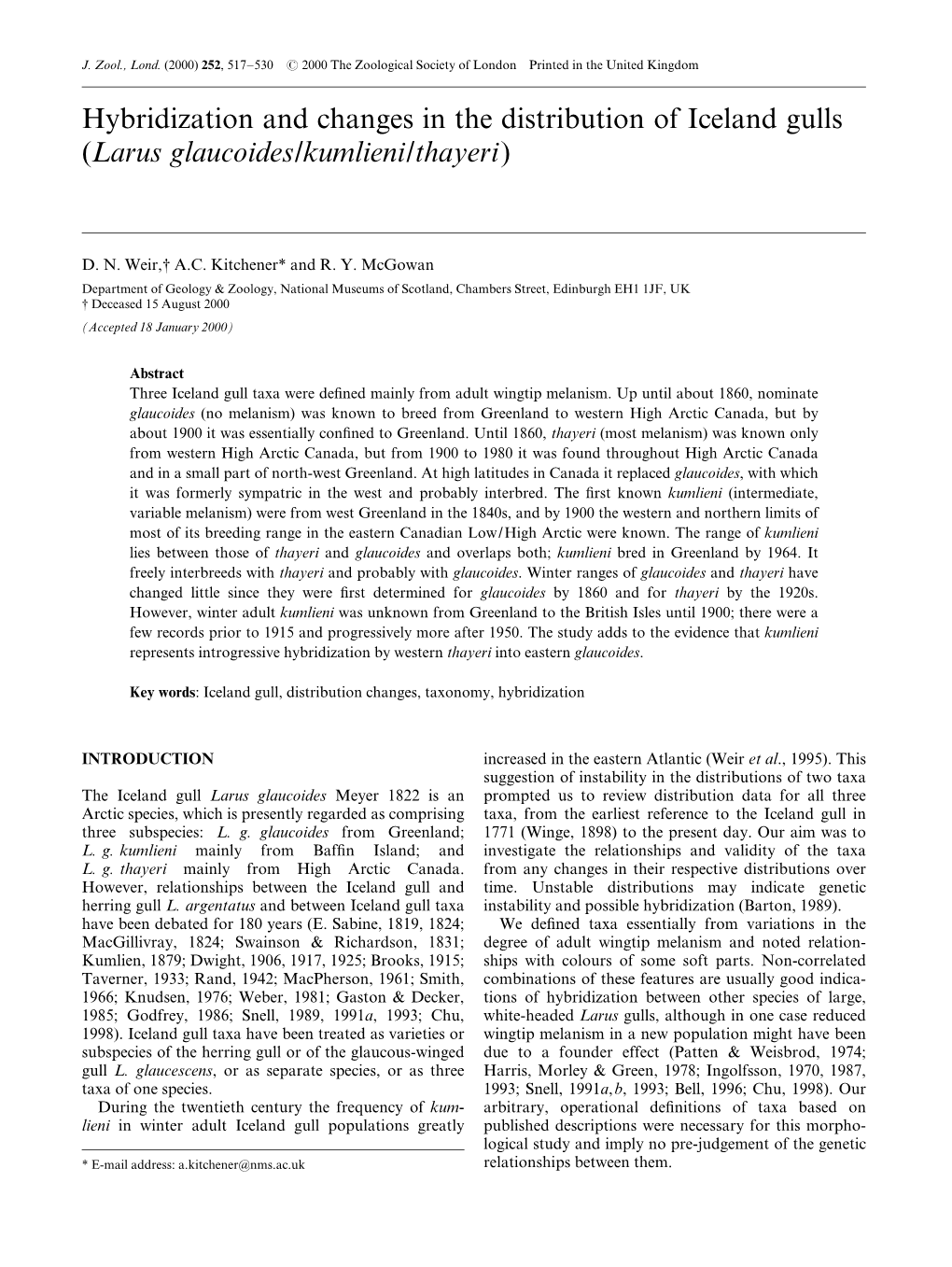 Hybridization and Changes in the Distribution of Iceland Gulls (Larus Glaucoides/Kumlieni/Thayeri)