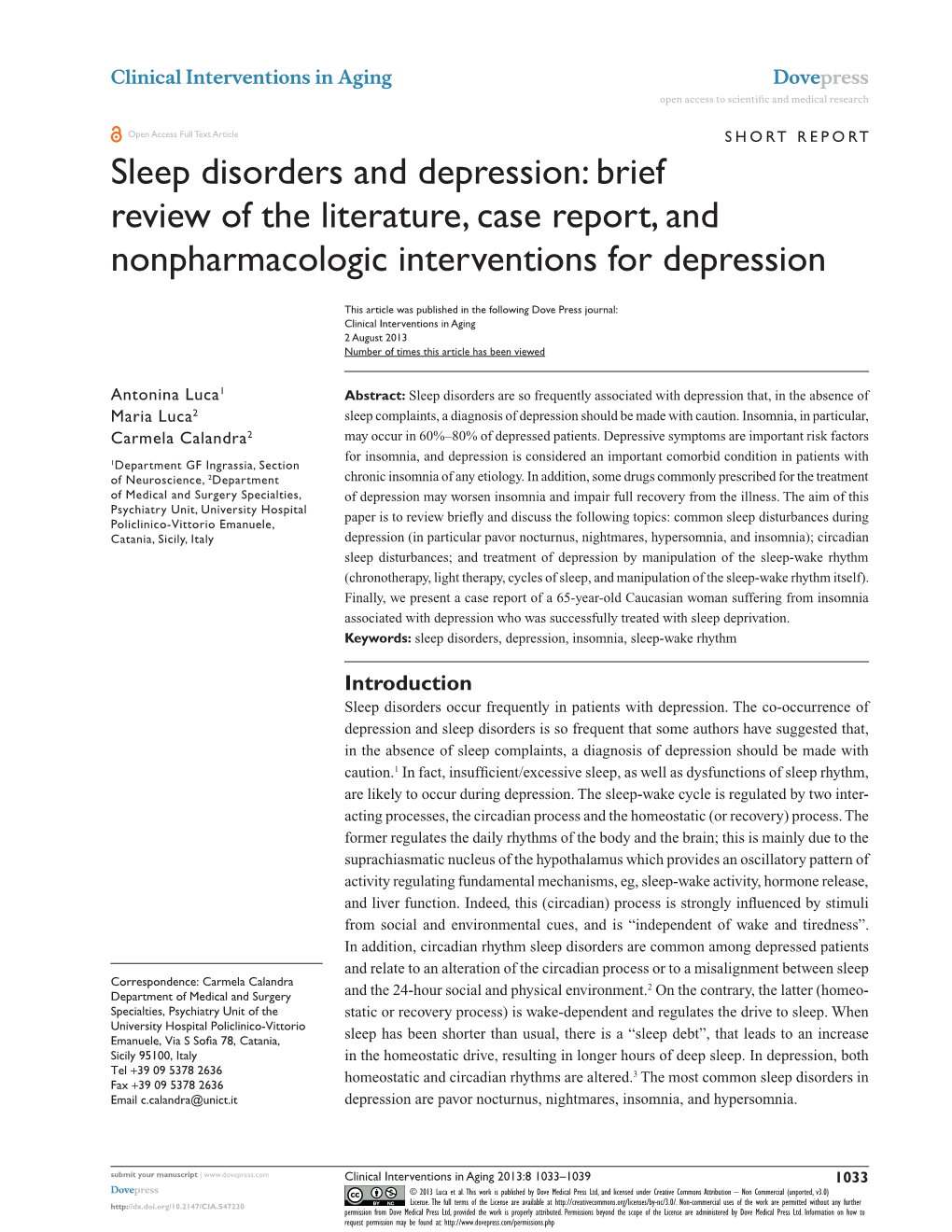 Sleep Disorders and Depression: Brief Review of the Literature, Case Report, and Nonpharmacologic Interventions for Depression
