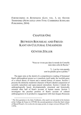 Chapter One Between Rousseau and Freud: Kant on Cultural Uneasiness