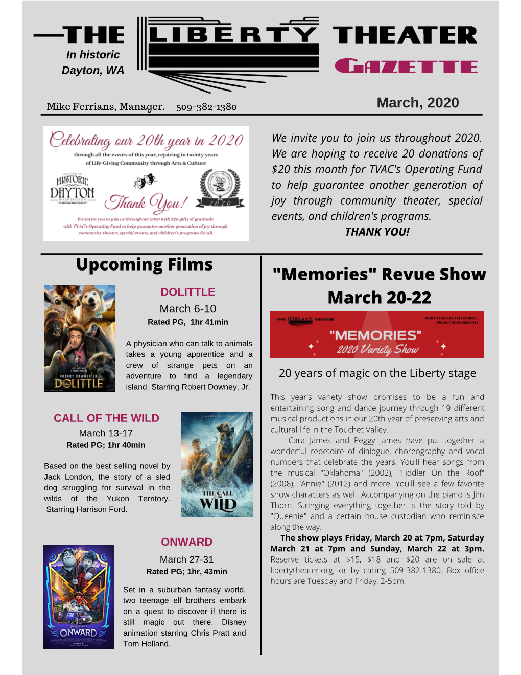 "Memories" Revue Show March 20-22 Upcoming Films