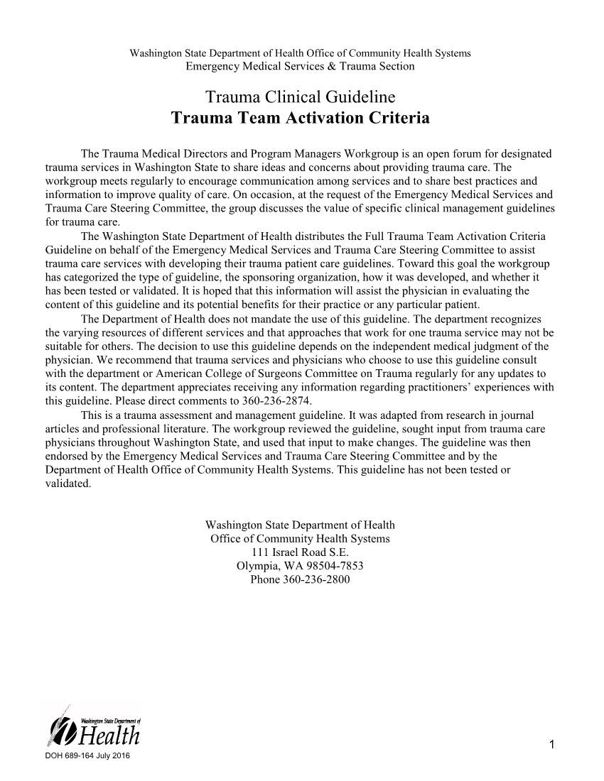 Trauma Team Activation Criteria