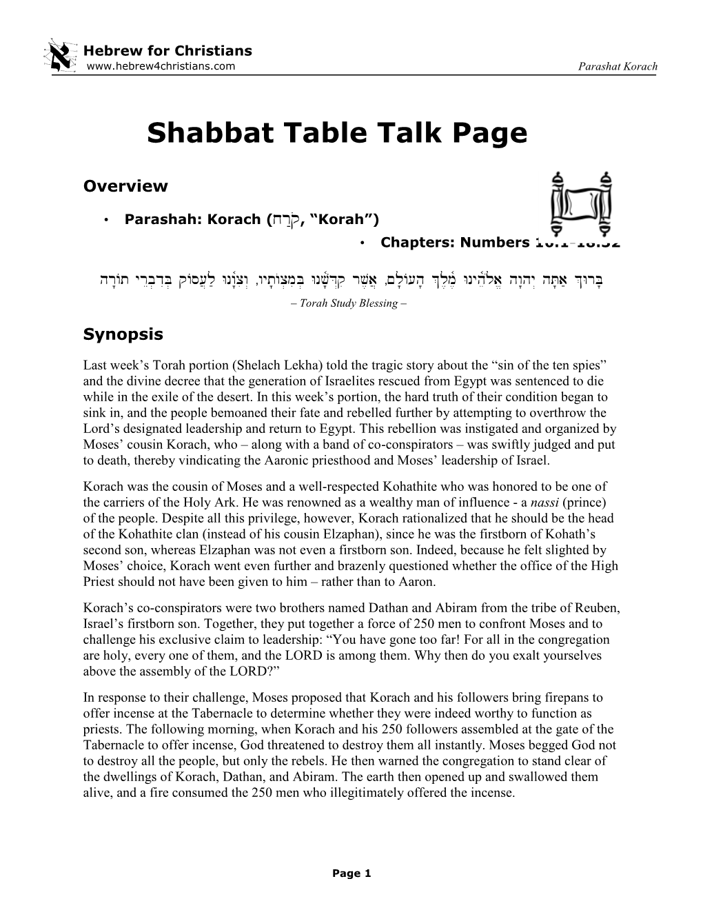 Shabbat Table Talk for Korach