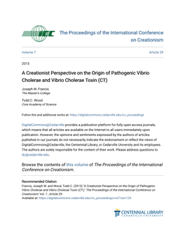 A Creationist Perspective on the Origin of Pathogenic Vibrio Cholerae and Vibrio Cholerae Toxin (CT)
