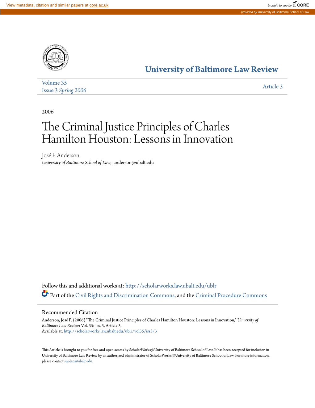 The Criminal Justice Principles of Charles Hamilton Houston: Lessons in Innovation