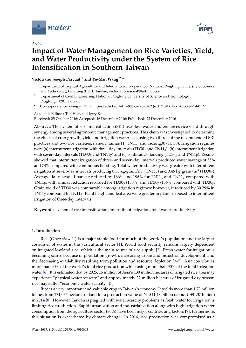 Impact of Water Management on Rice Varieties, Yield, and Water Productivity Under the System of Rice Intensiﬁcation in Southern Taiwan
