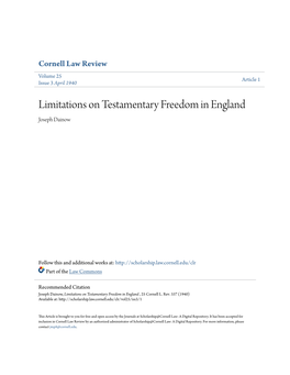 Limitations on Testamentary Freedom in England Joseph Dainow