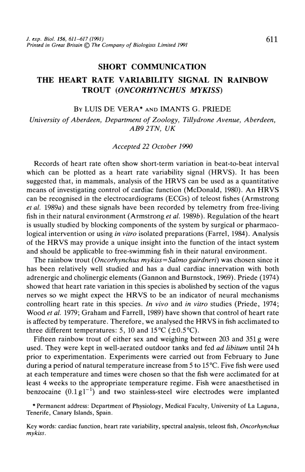 Short Communication the Heart Rate Variability Signal in Rainbow Trout (Oncorhynchus Mykiss)