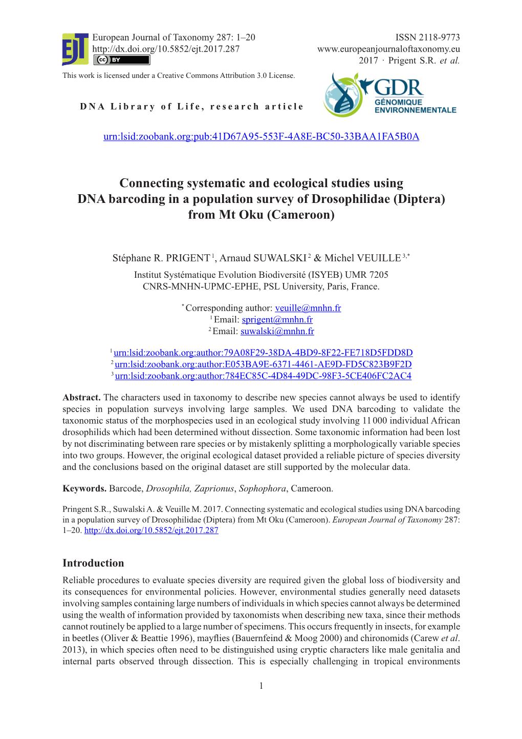 Connecting Systematic and Ecological Studies Using DNA Barcoding in a Population Survey of Drosophilidae (Diptera) from Mt Oku (Cameroon)