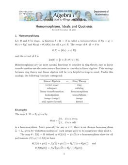 Homomorphisms, Ideals and Quotients Revised November 14, 2013