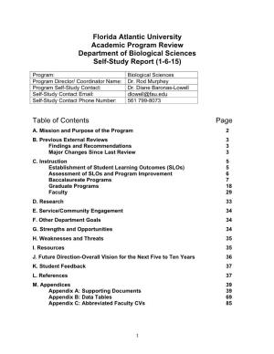 Florida Atlantic University Academic Program Review Department of Biological Sciences Self-Study Report (1-6-15) Table of Conten