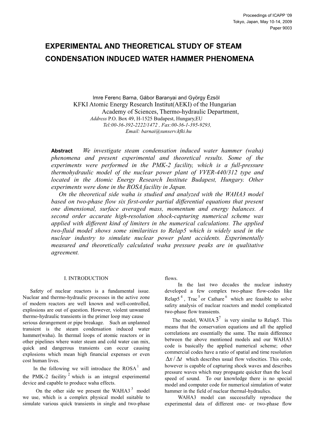 Experimental and Theoretical Study of Steam Condensation Induced Water Hammer Phenomena