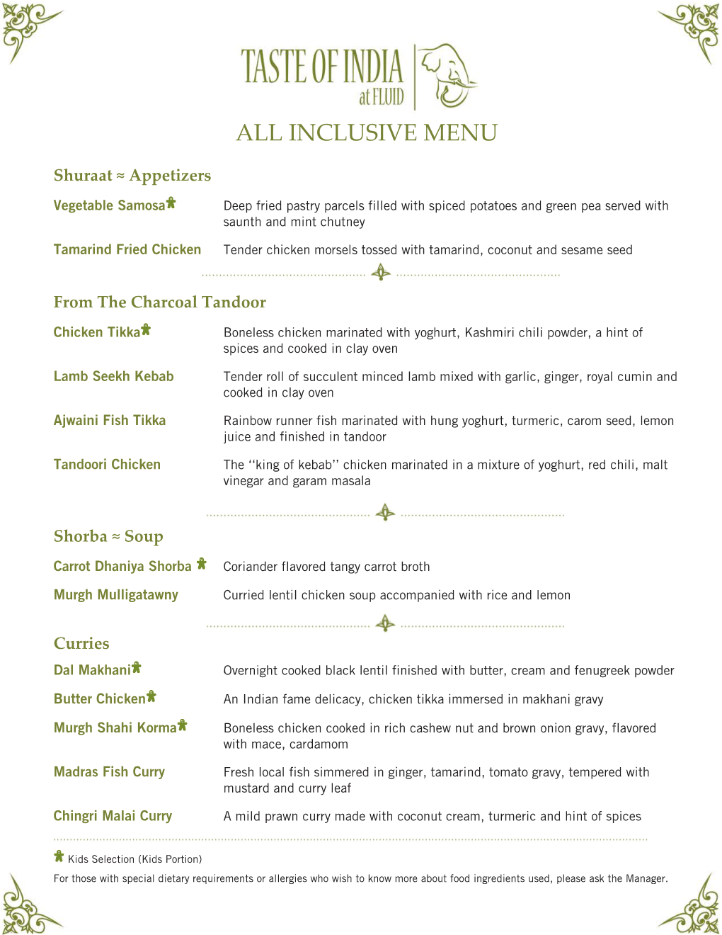 All Inclusive Menu