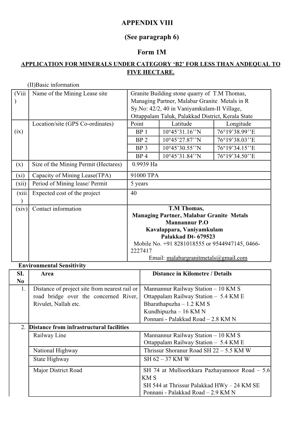 Form 1M APPLICATION for MINERALS UNDER CATEGORY ‘B2’ for LESS THAN ANDEQUAL to FIVE HECTARE