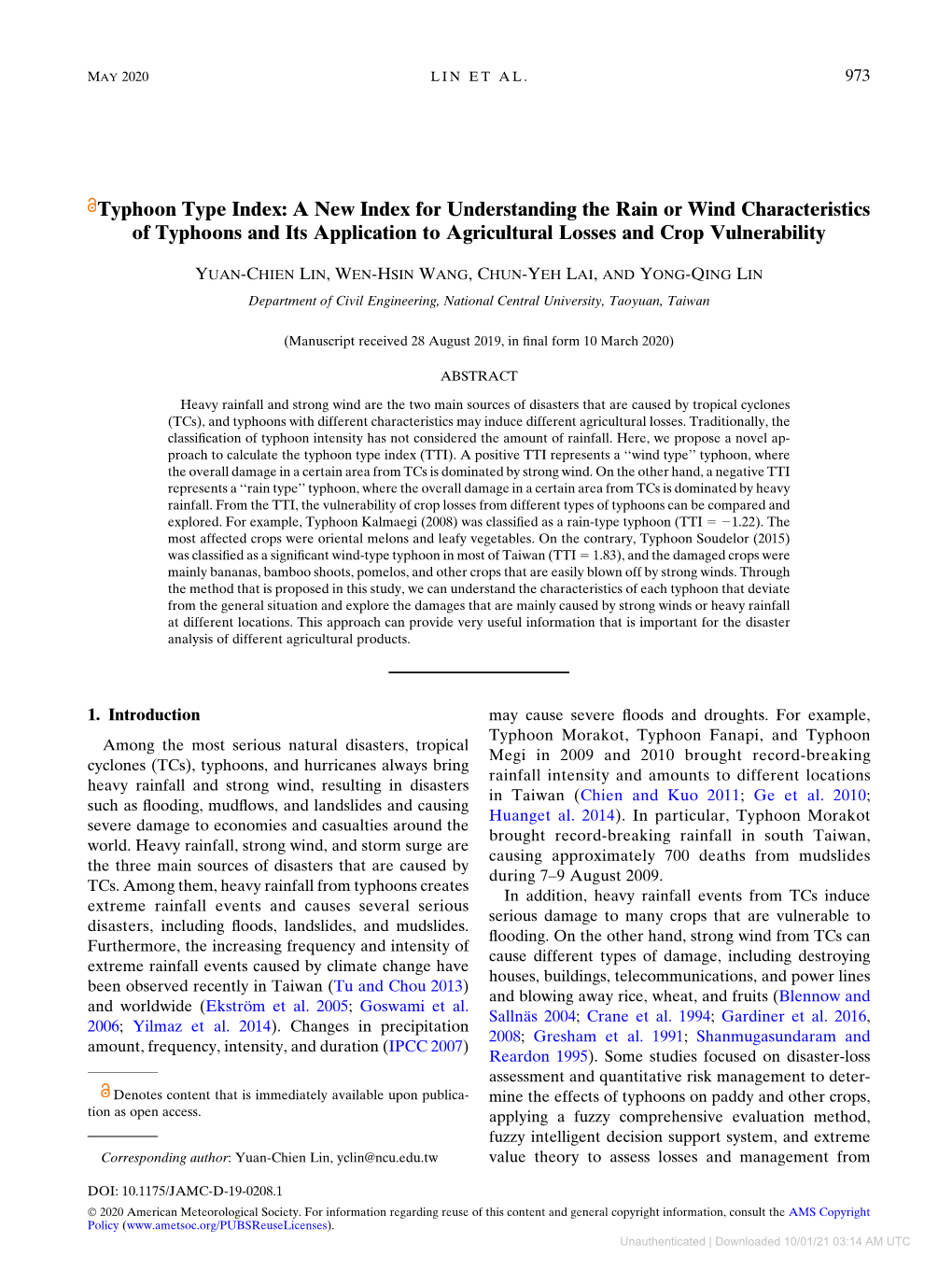 Typhoon Type Index: a New Index for Understanding the Rain Or Wind Characteristics of Typhoons and Its Application to Agricultural Losses and Crop Vulnerability