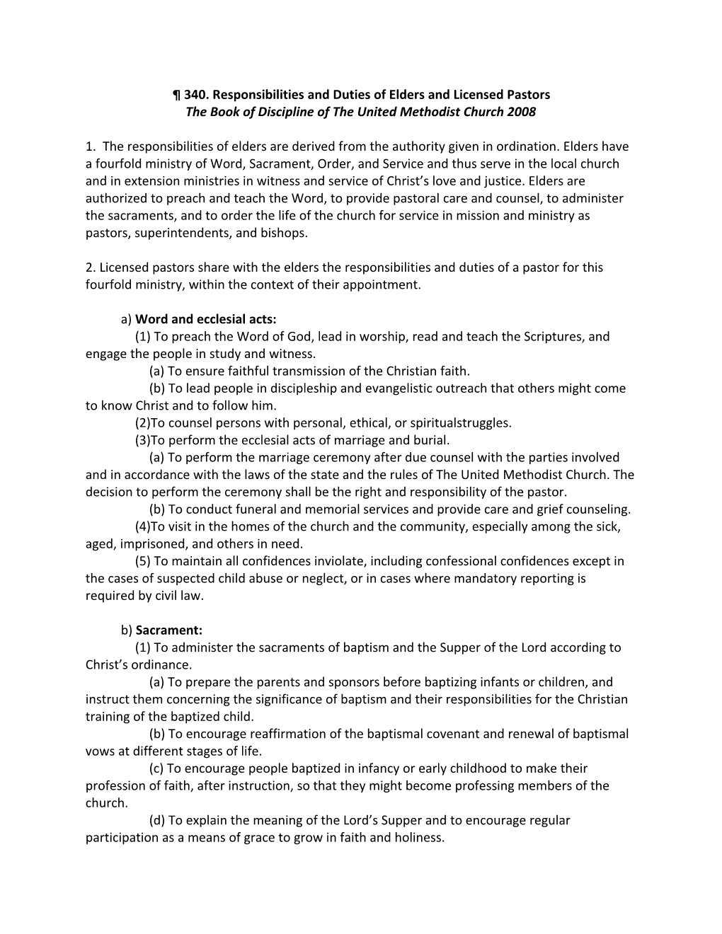 340. Responsibilities and Duties of Elders and Licensed Pastors