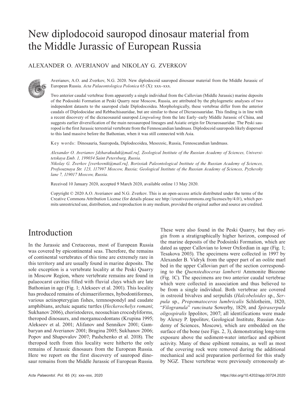 New Diplodocoid Sauropod Dinosaur Material from the Middle Jurassic of European Russia