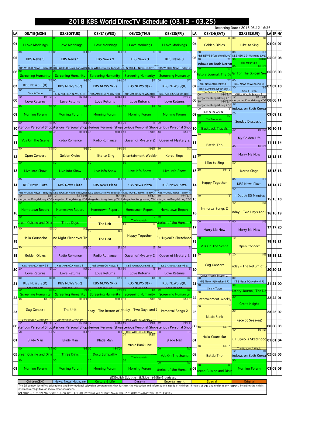 2018 KBS World Directv Schedule