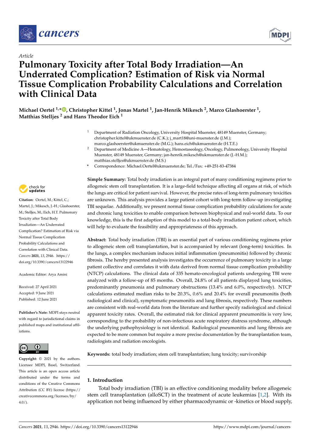 Pulmonary Toxicity After Total Body Irradiation—An Underrated