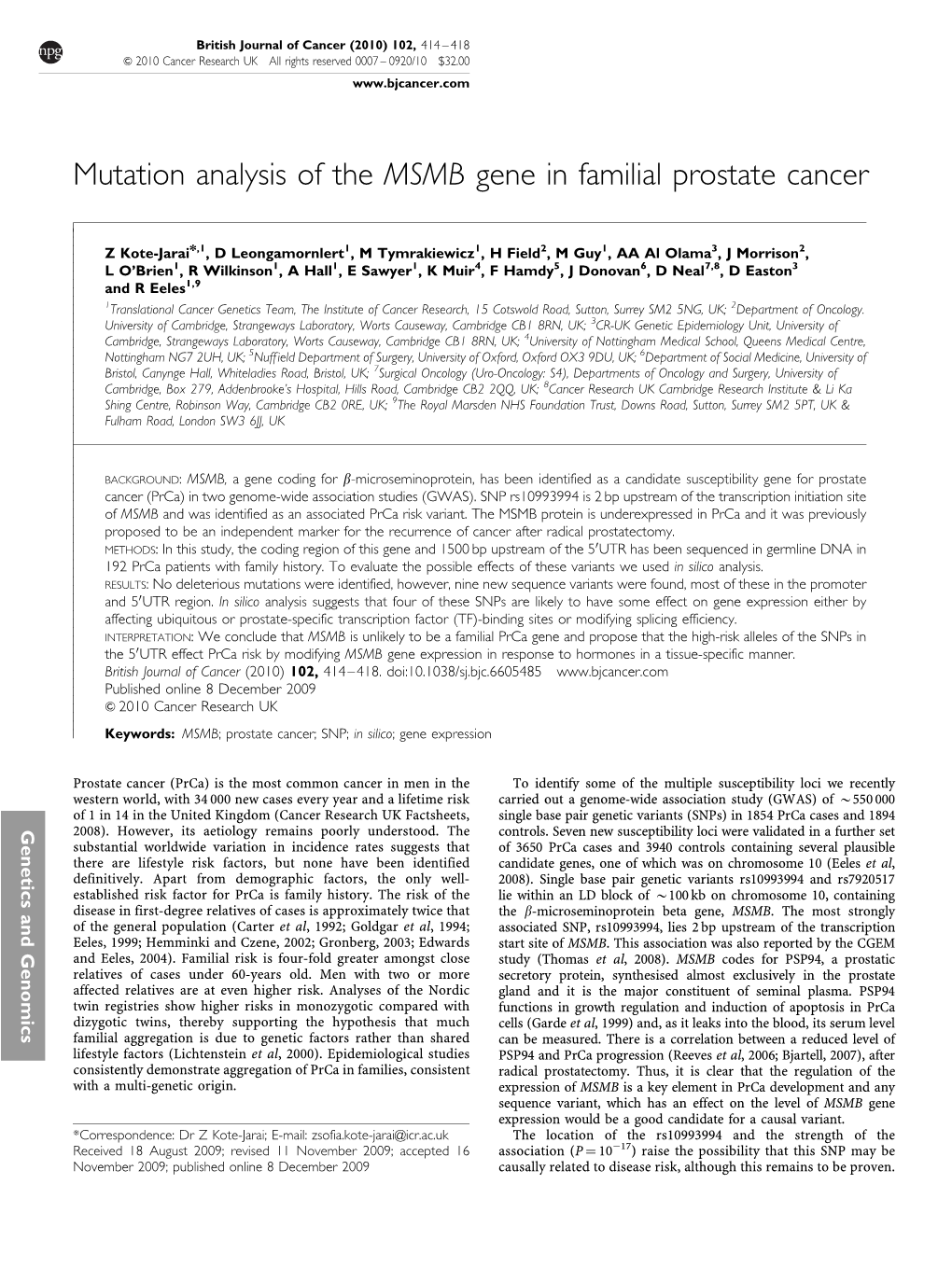 Mutation Analysis of the MSMB Gene in Familial Prostate Cancer