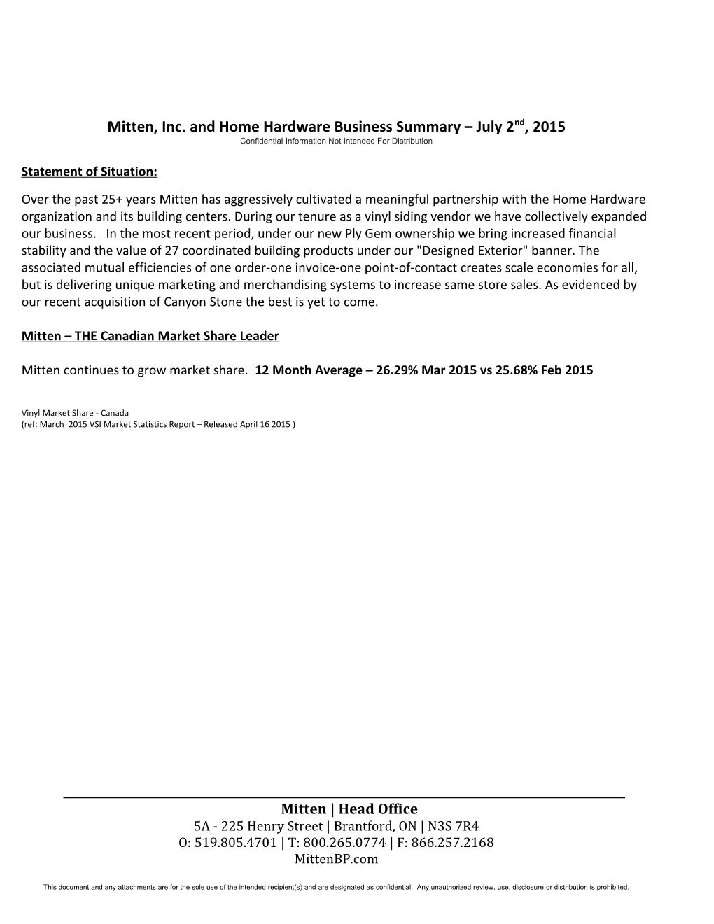 Mitten, Inc. and Home Hardware Business Summary July 2Nd, 2015