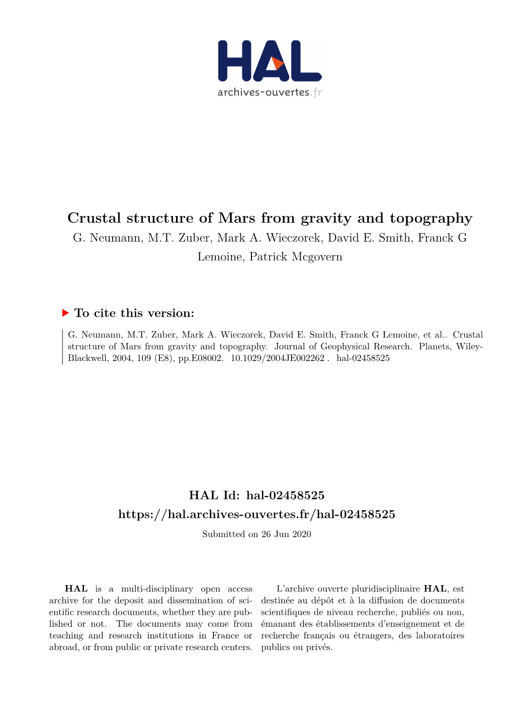 Crustal Structure of Mars from Gravity and Topography G