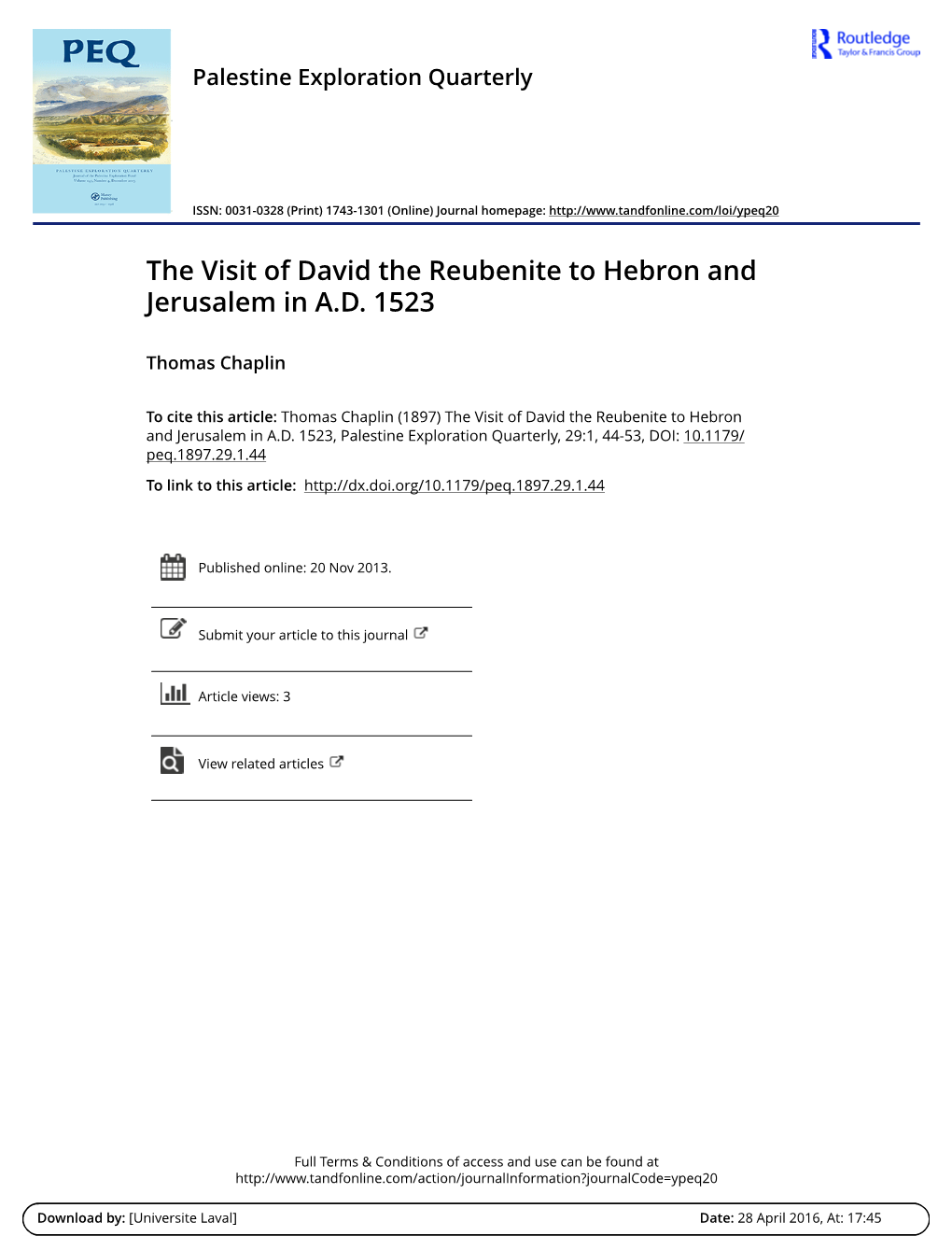 The Visit of David the Reubenite to Hebron and Jerusalem in A.D. 1523