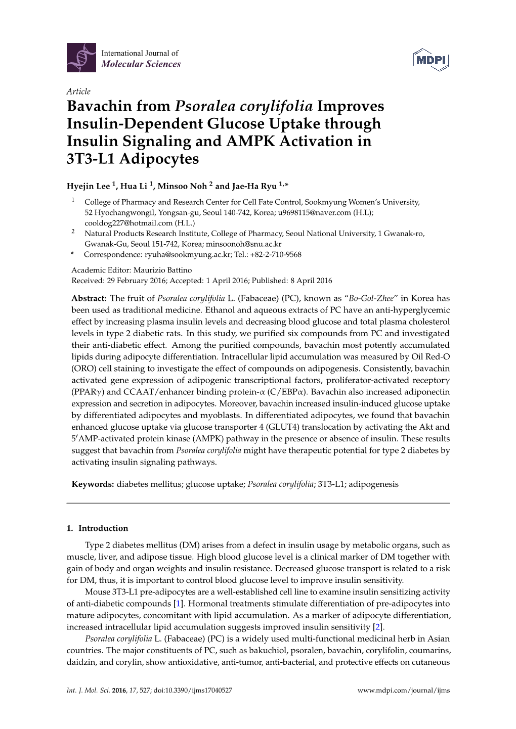 Bavachin from Psoralea Corylifolia Improves Insulin-Dependent Glucose Uptake Through Insulin Signaling and AMPK Activation in 3T3-L1 Adipocytes
