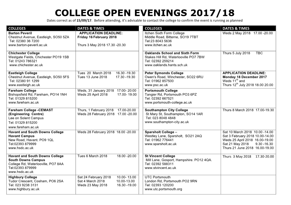 COLLEGE OPEN EVENINGS 2017/18 Dates Correct As of 15/09/17