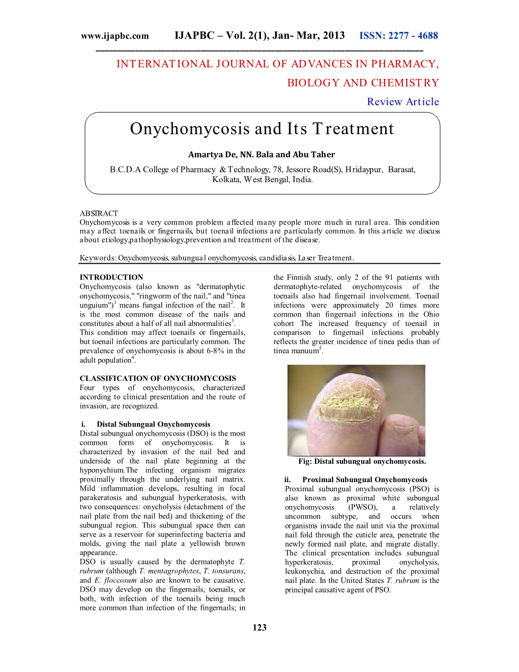 Onychomycosis and Its Treatment Amartya De, NN