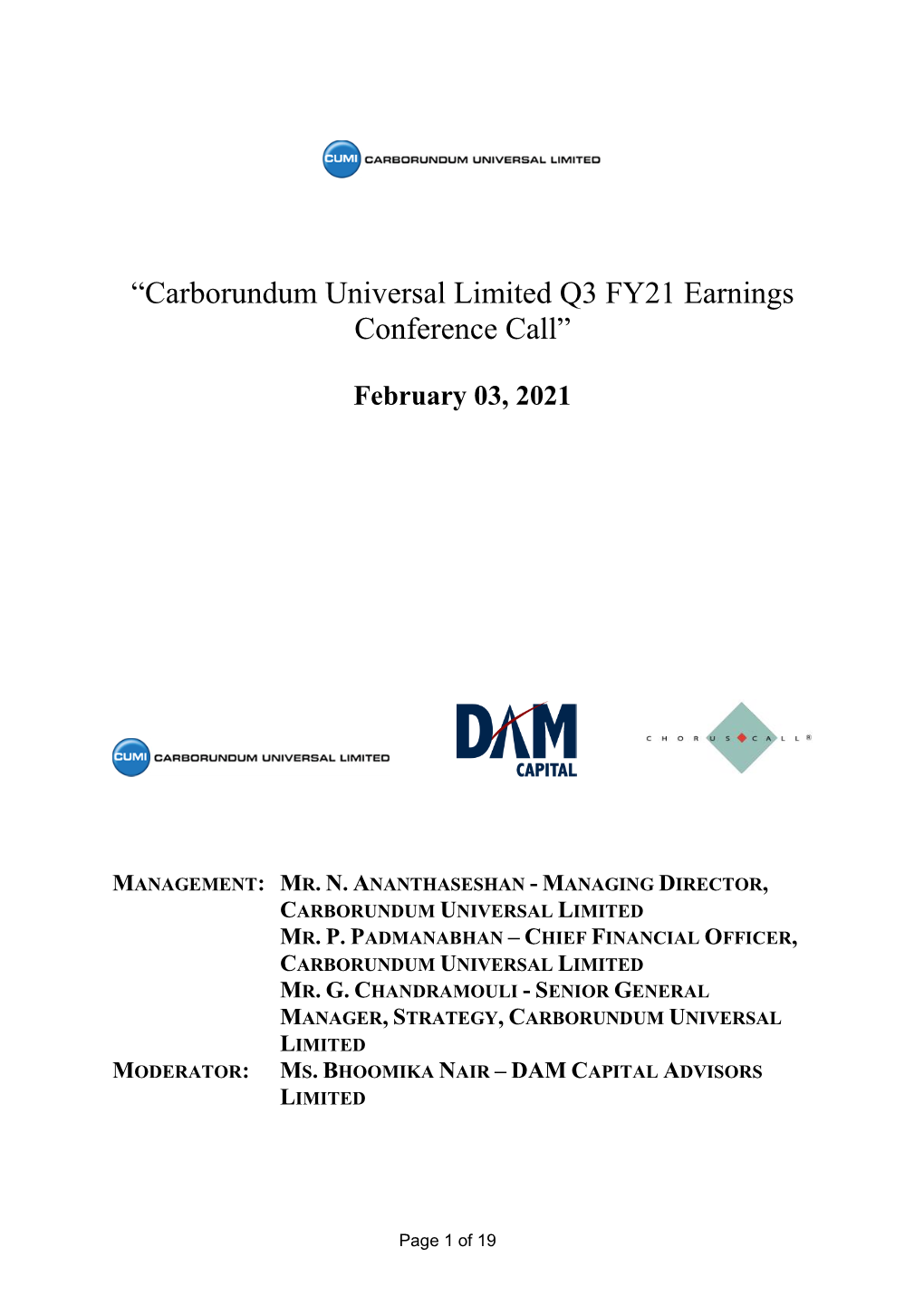 “Carborundum Universal Limited Q3 FY21 Earnings Conference Call”