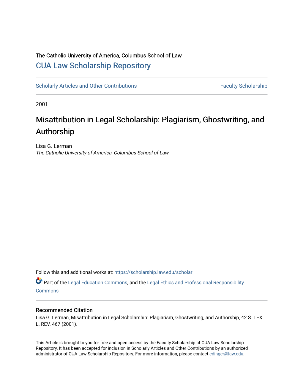 Misattribution in Legal Scholarship: Plagiarism, Ghostwriting, and Authorship