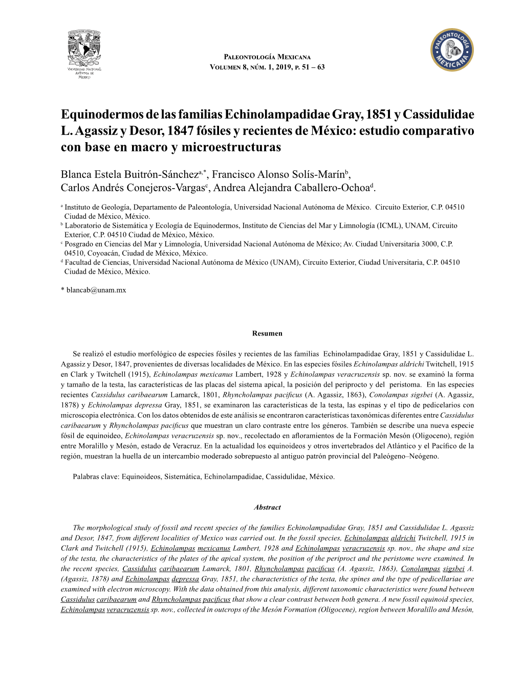 Equinodermos De Las Familias Echinolampadidae Gray, 1851 Y Cassidulidae L