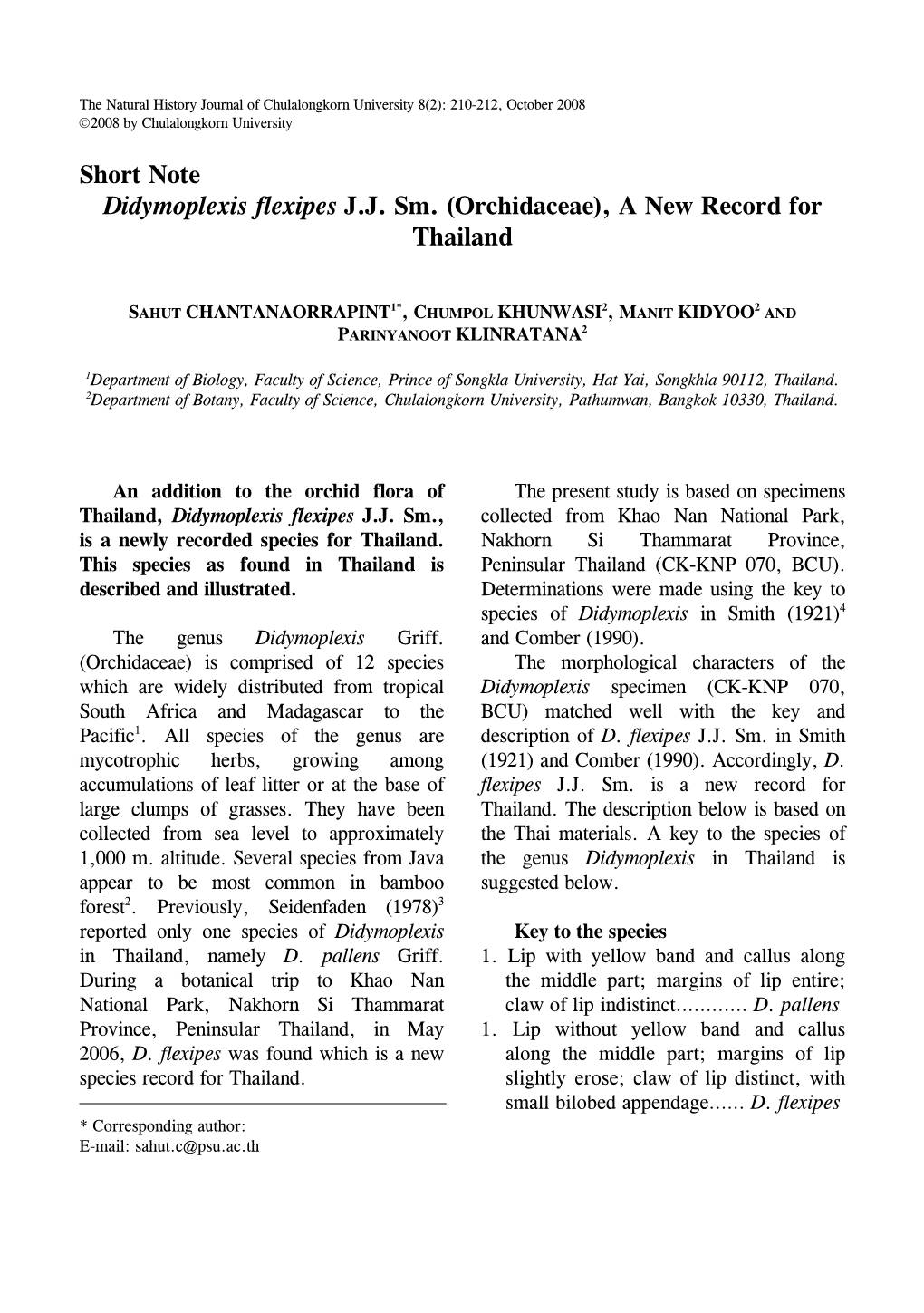 Short Note Didymoplexis Flexipes J.J. Sm. (Orchidaceae), a New Record for Thailand