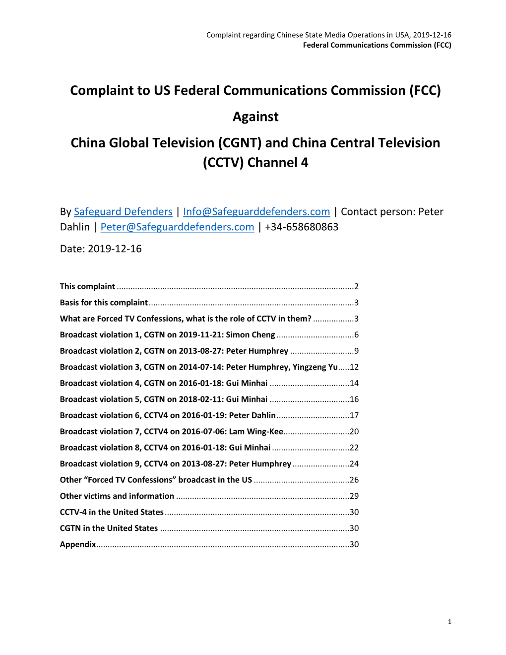 Complaint to FCC Against CGTN and CCTV-4 For