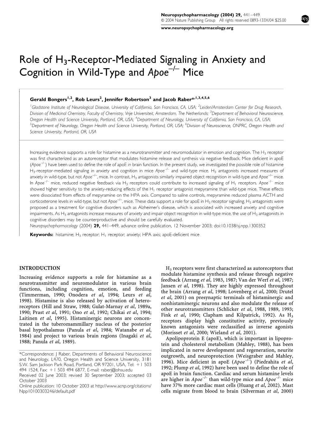 Role of H3-Receptor-Mediated Signaling in Anxiety and Cognition in Wild-Type and Apoe–/– Mice